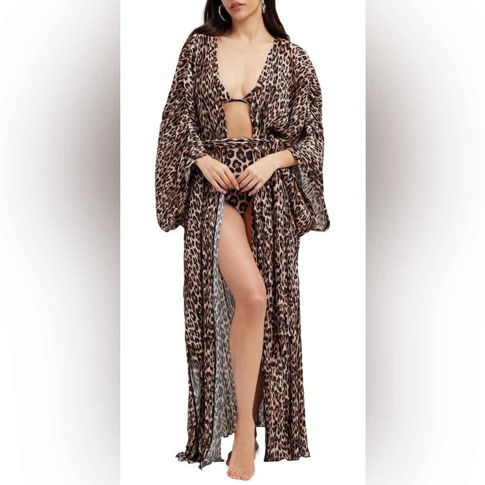 Good American Goddess Belted Plissé Leopard Robe NWT